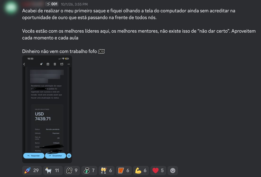 Mensagem real de membro no Discord da 001